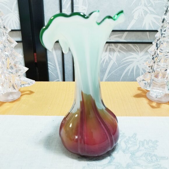 Vintage MCM Jack In The Pulpit Murano Style Green & Cranberry Bud Vase- Like new - Picture 4 of 6